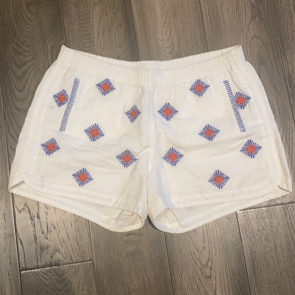 J. Crew White Embroidered Cotton Shorts with Blue and Coral Accents